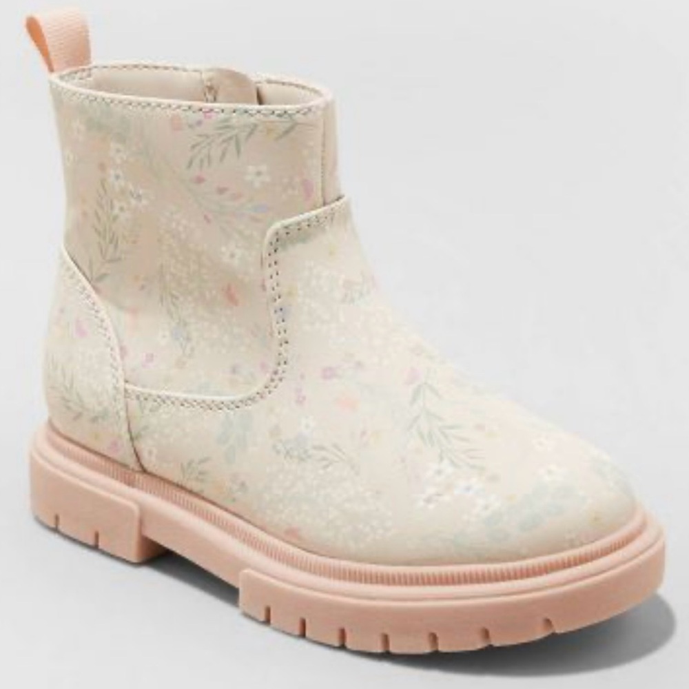 Cat & Jack Girls Cream Floral Ankle Boots with Pink Sole